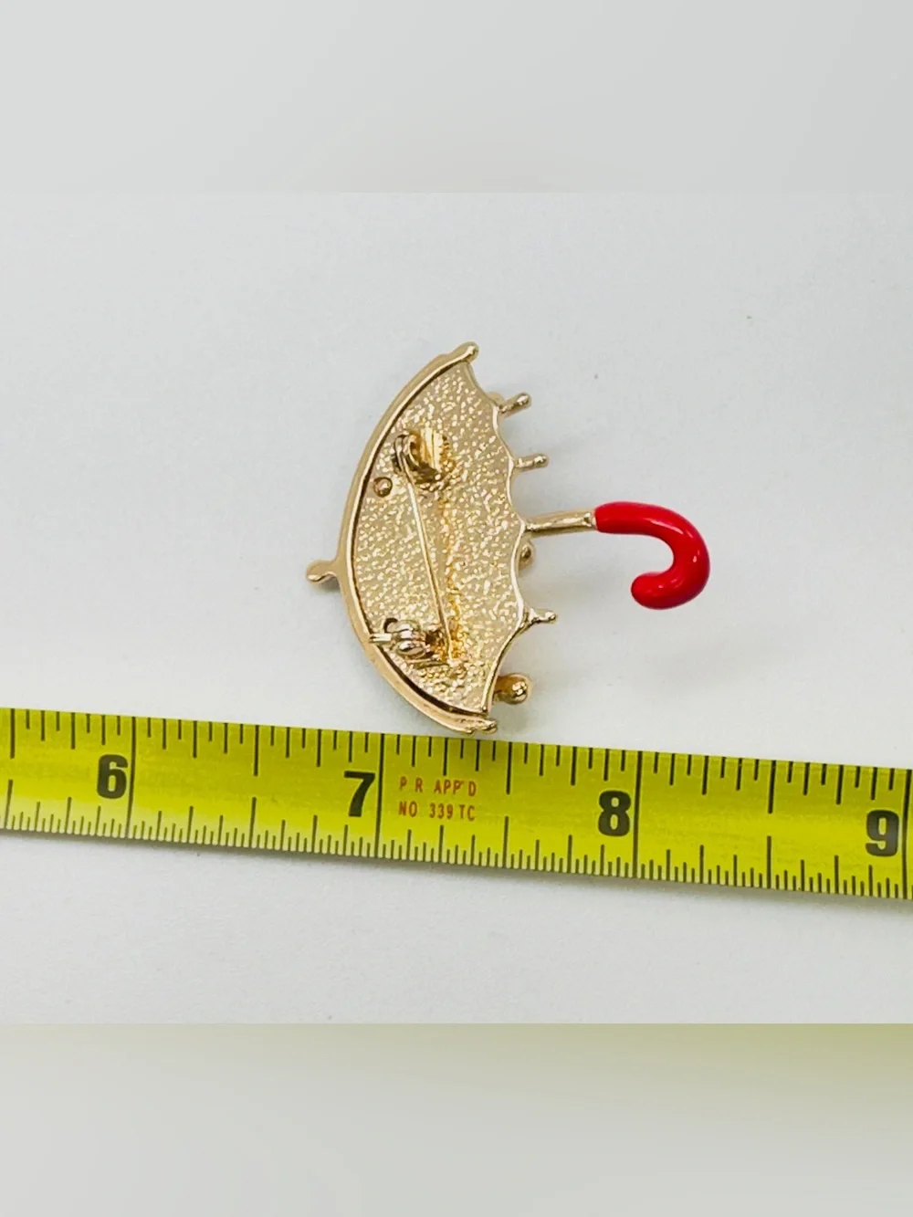 Gold Tone Enamel Striped Umbrella Brooch Pin Red Rhinestone Figural Rainy Day
